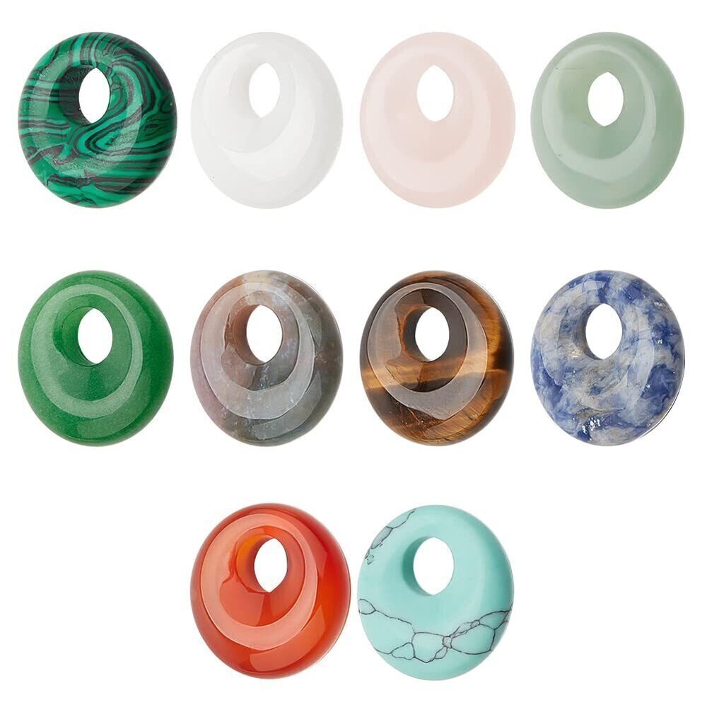 9242 10 Pcs 10 Styles Natural Donut Gemstone Charms, 17.5mm Flat Round